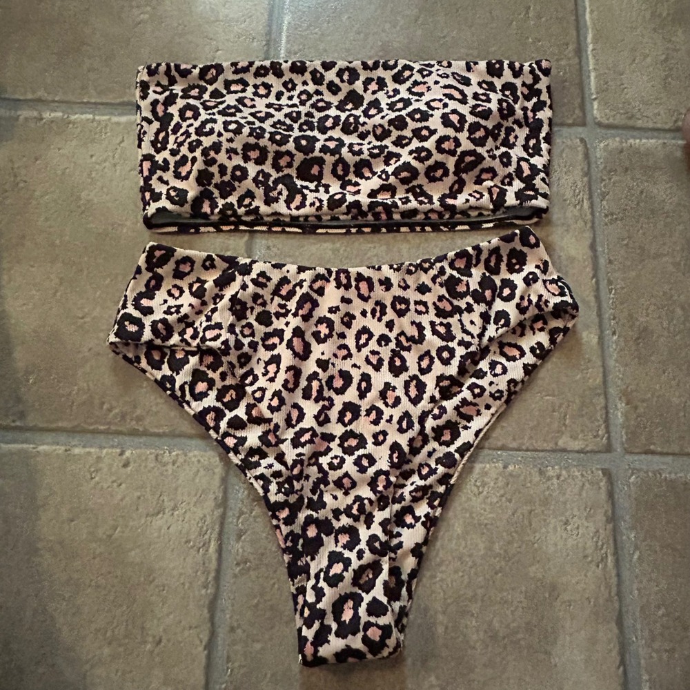 Leopard Print Ribbed‎ Bandeau Bikini Set High Waisted Two Piece Swimsuit L Tan